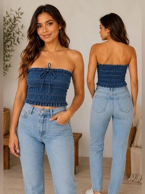 Smocked Strapless Denim Blue Tube Top - Unbranded
